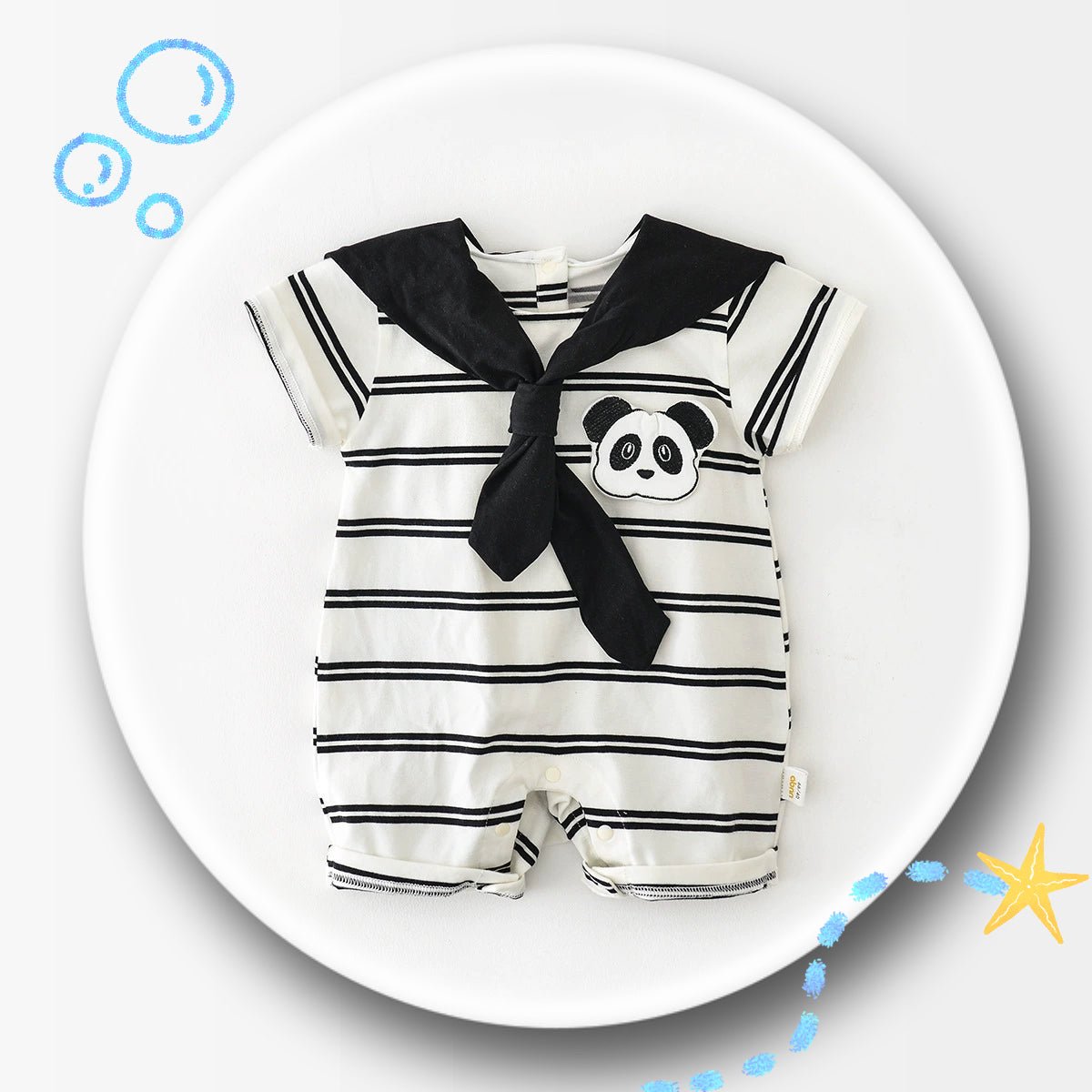 A cute baby boy short sleeve striped romper with a sailor collar and adorable panda design, get your little one summer ready with signature stripes and playful prints at Ashberryco!