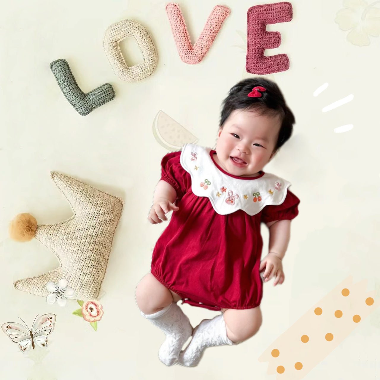 Baby Girls Red Collared Bubble Romper