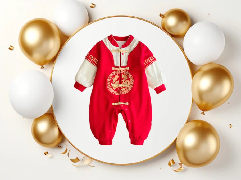 A festive red long sleeve baby romper New Years outfit with dragon embroidery by Ashberryco. A perfect Chinese New Year baby outfit for celebrating the fall winter holidays in San Francisco, Seattle, Vancouver or Boston!