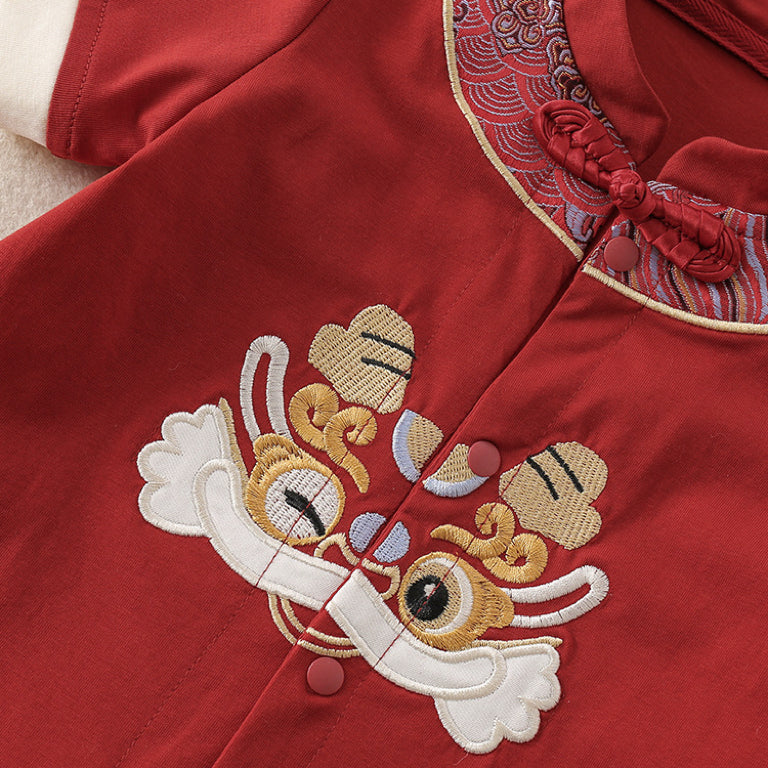 A red tang suit cheongsam style one piece baby boy romper for first birthday party in San Francisco Bay Area, Washington, New Jersey, New York and beyond!