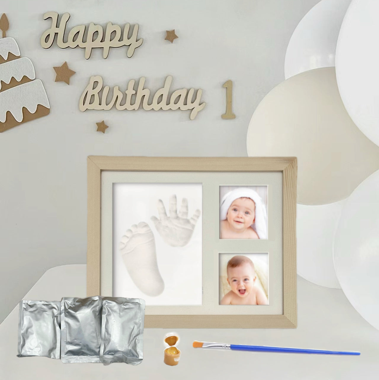 Natural Wood Baby Handprint & Footprint Kit by Ashberryco – a keepsake kit with non-toxic clay and a natural wood frame for capturing and displaying baby handprints and footprints, perfect for baby showers and nursery decor.