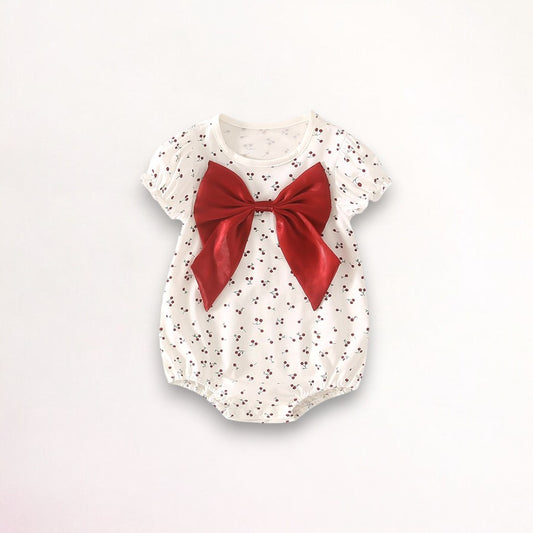 Short Sleeve Red Bow Baby Girl Bubble Romper