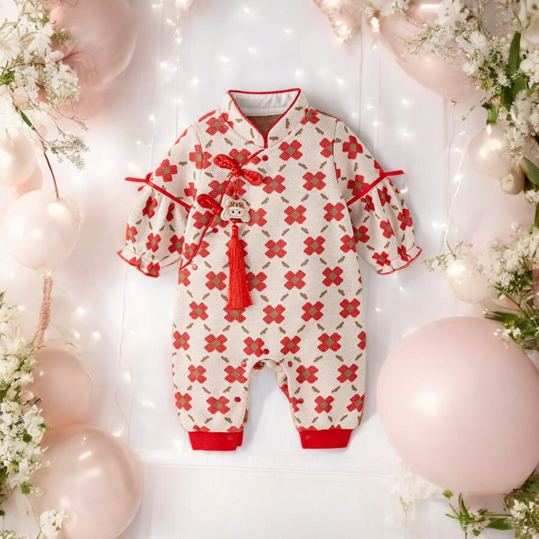 Baby Cheongsam Romper New Year Outfit with Checkered Print by Ashberryco, featuring a classic cheongsam design with a festive checkered print. Made from soft, breathable fabric with mandarin collar and easy snap closures, perfect for New Year’s celebrations.