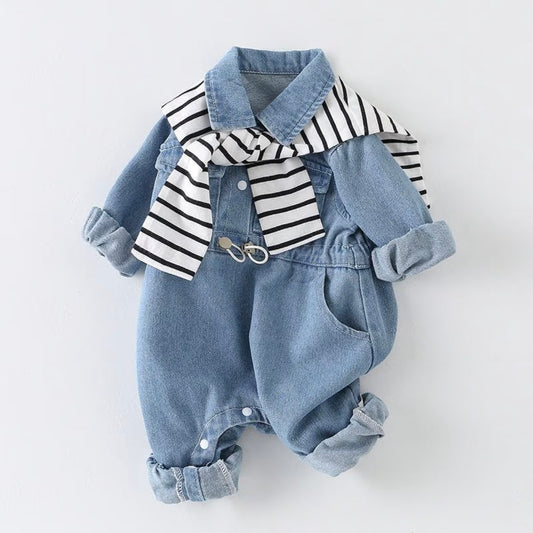A stylish baby girl denim collared romper with a stylish faux sweater wrap design, made from 100% cotton, perfect for baby photoshoots, birthday parties, baby Fourth of July outfit, or spring and summer playdates!