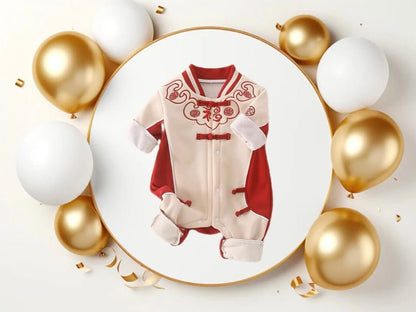 Chinese New Year Baby Outfit by Ashberryco with vibrant red fabric and traditional Chinese patterns. Features a mandarin collar and intricate embroidery, designed for comfort and style during New Year’s celebrations. Includes easy snap closures for convenient dressing.