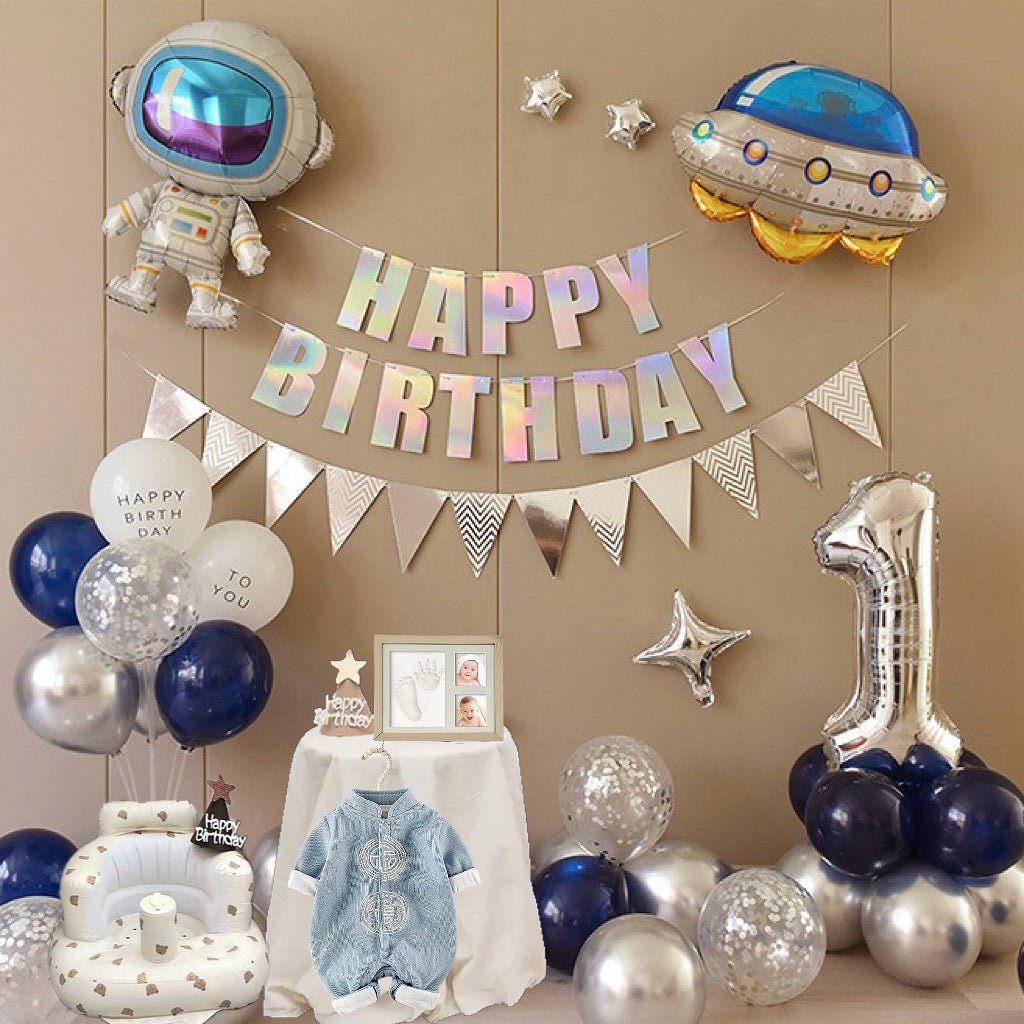 Baby Boy 1st Birthday Celebration Ultimate Party Box by Ashberryco - Complete party set with stylish decorations, elegant tableware, and fun party favors for a memorable first birthday celebration.