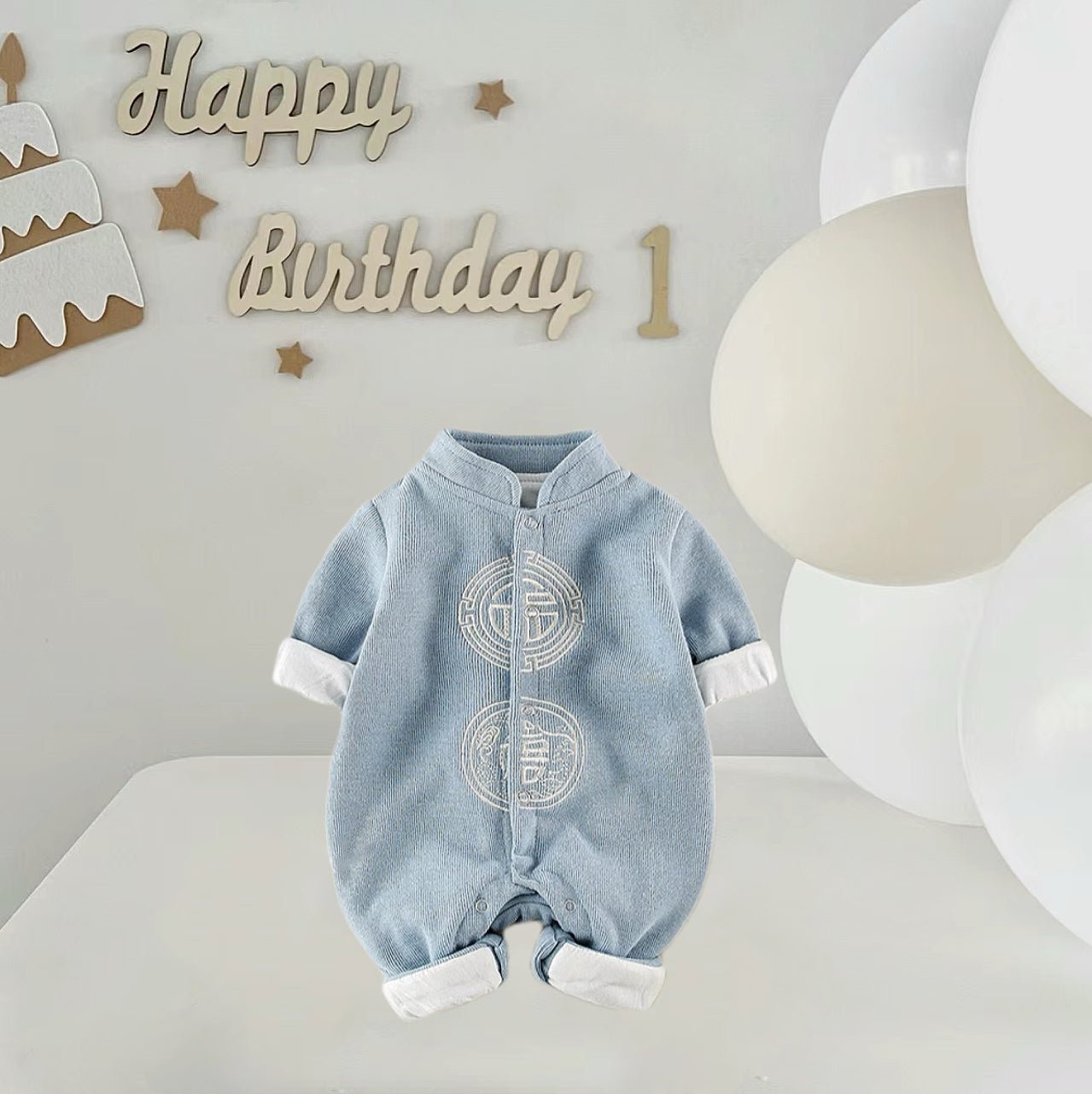 Blue Traditional Chinese Tang Suit Baby Romper with gold embroidery by Ashberryco for boys' birthdays and 100 days celebrations.