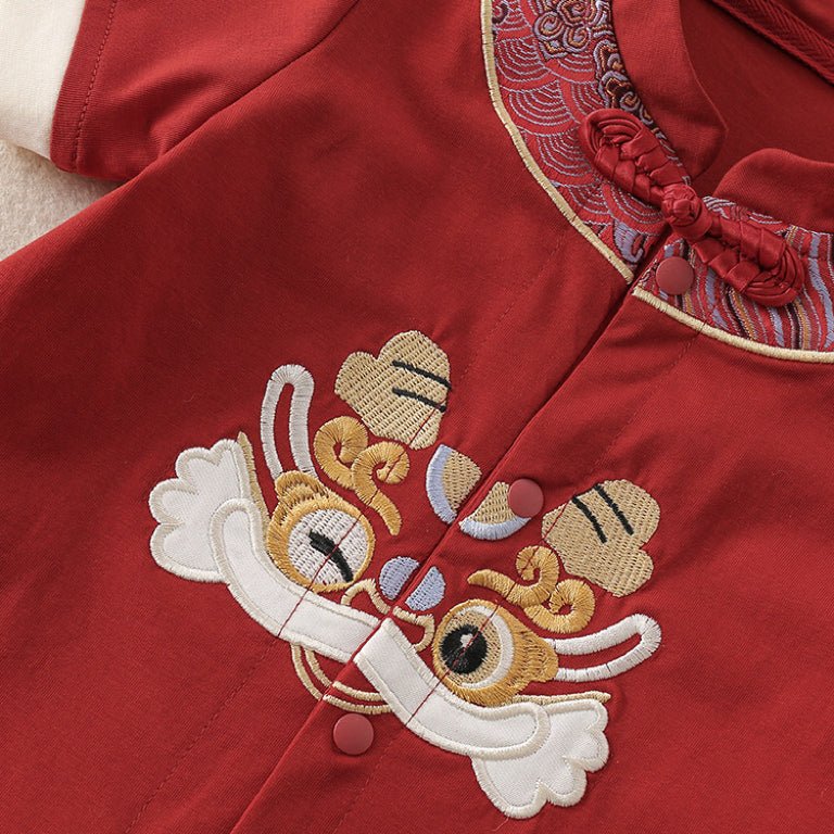 A red tang suit cheongsam style one piece baby boy romper for first birthday party in San Francisco Bay Area, Washington, New Jersey, New York and beyond!
