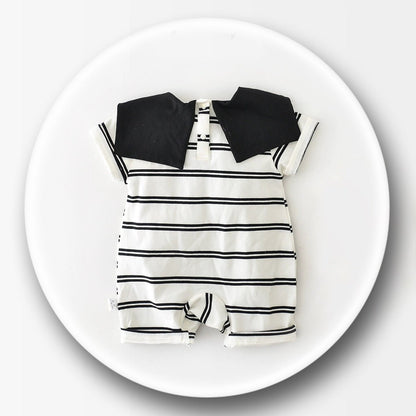 Baby Boy Short Sleeve Striped Romper With Sailor Collar