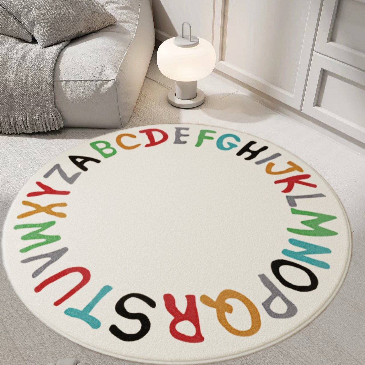 Ultra-Soft Faux Sheepskin Multicolor Alphabet Rug by Ashberryco – 100cm round, perfect for 100 Days celebrations, photoshoots, and room decor. Versatile and cozy.