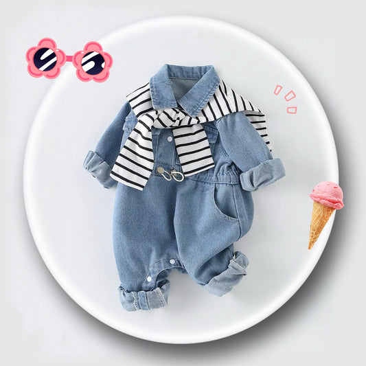 A stylish baby girl denim collared romper with a stylish faux sweater wrap design, made from 100% cotton, perfect for baby photoshoots, birthday parties, baby Fourth of July outfit, or spring and summer playdates!