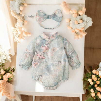 A cute baby Cheongsam romper princess dress by Ashberryco for kids girls to wear as wedding guest outfit, flower girl dress, and other cultural festivities and events.