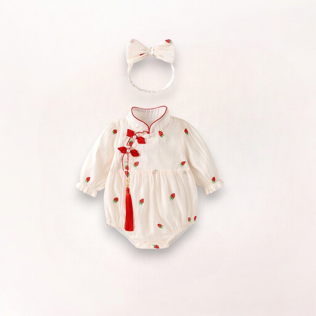 Adorable princess baby dress featuring strawberry embroidery by Ashberryco, perfect for special occasions such as, Lunar New Year, Christmas, baby birthday parties and photoshoots!