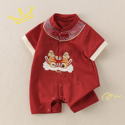 Red Chinese baby romper by Ashberryco with dragon embroidery, mandarin collar, and frog button details, ideal for baby 100 days, baby boy first birthday outfit, or attending a traditional Chinese wedding.