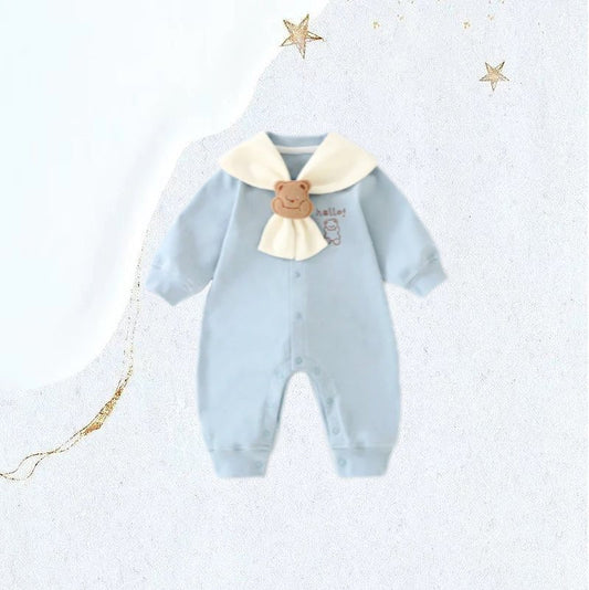 Blue and White Baby Bear Sailor Romper with removable sailor collar by Ashberryco, perfect for 1st birthdays and baby milestone outfits.