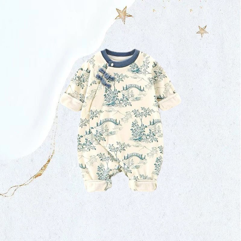 Modern Chinese Cheongsam Floral Baby Romper by Ashberryco, a stylish romper with traditional Chinese design elements, perfect for special occasions and cultural celebrations.