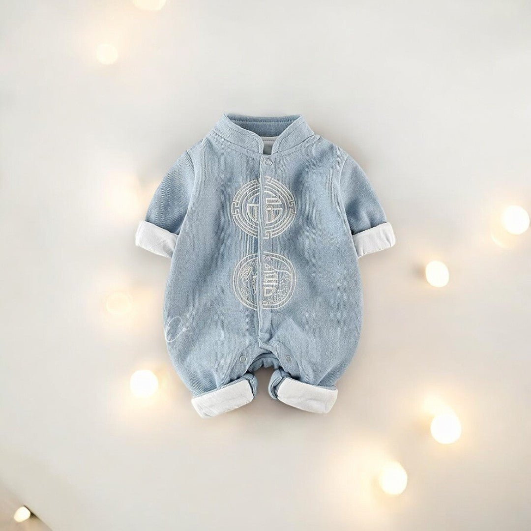 Traditional Chinese baby boy Cheongsam cotton romper by Ashberryco, perfect for festive Lunar New Year holiday celebrations and events in San Francisco Bay Area, Seattle, Boston and New York City!