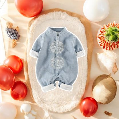 Blue Chinese baby romper Tang suit by Ashberryco for newborn baby boys and girls, perfect for Baby 100 Days celebrations and Chinese New Year.