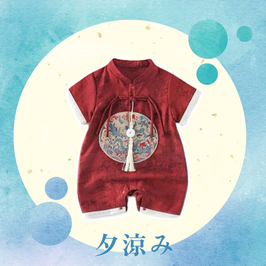 A cute Asian baby outfit for Chinese New Year, baby 100 Days celebration, first birthday parties, newborn photoshoots and more! Featuring classic mandarin collar and a Chinese cheongsam style romper for baby boys by Ashberryco!