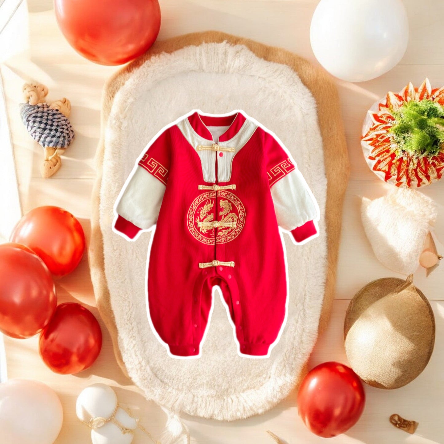 A red one-piece dragon baby romper with gold embroidery by Ashberryco. A perfect party outfit for celebrations such as, Red Egg and Ginger, Drawing Lots, first birthday parties and cultural festivities like Chinese New Year in San Francisco!