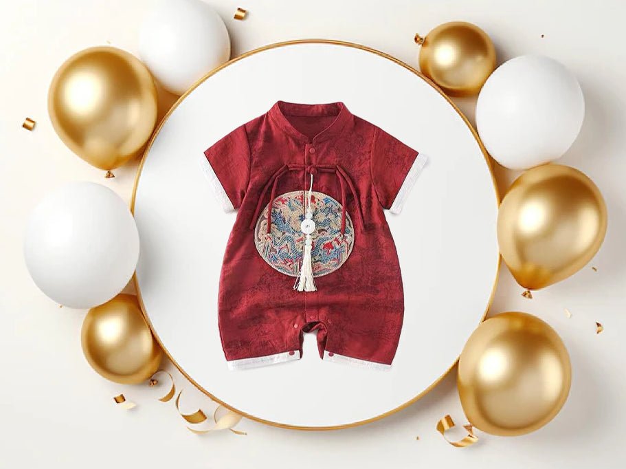 Chinese New Year Red Baby Cheongsam romper by Ashberryco, perfect for Chinese New Year, 100 Days celebrations, baby photoshoots, and holiday gifting!