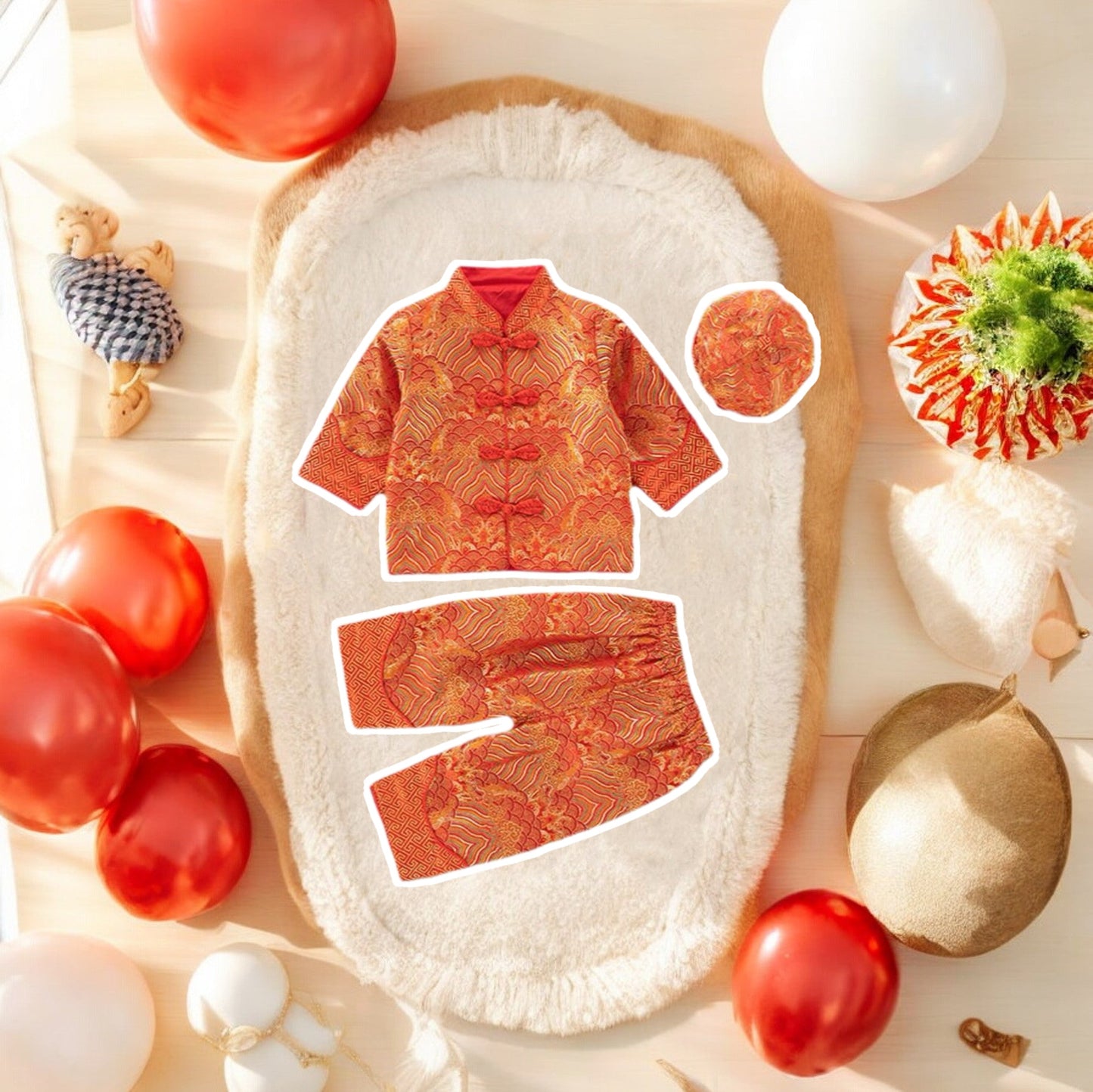 Our premium Chinese New Year red clothing set for toddler boys is a perfect choice for festive occasions! Featuring auspicious lucky cloud motifs and a vibrant red and gold color palette, this baby boy suit set is a must-have for celebrating 1st birthdays, Drawing Lots, and Chinese New Year festivities. This stylish baby outfit not only embodies the spirit of the holiday, but also brings good luck and joy! Shop now!