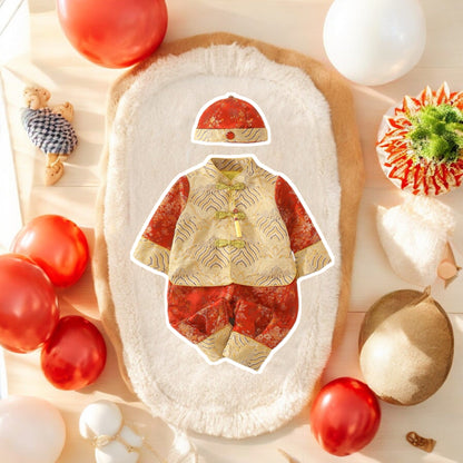 A traditional Chinese New Year baby outfit set, featuring classic red and gold color palette, a perfect Cheongsam outfit for baby and toddler boys. Celebrate the holidays with Ashberryco!