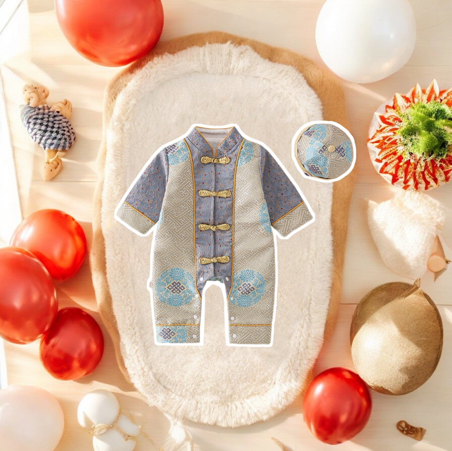 Ashberryco premium Chinese baby romper with hat, making it ideal for newborn Tang photography sessions. Shop now at Ashberryco for the perfect blend of cultural heritage and adorable fashion for your baby!