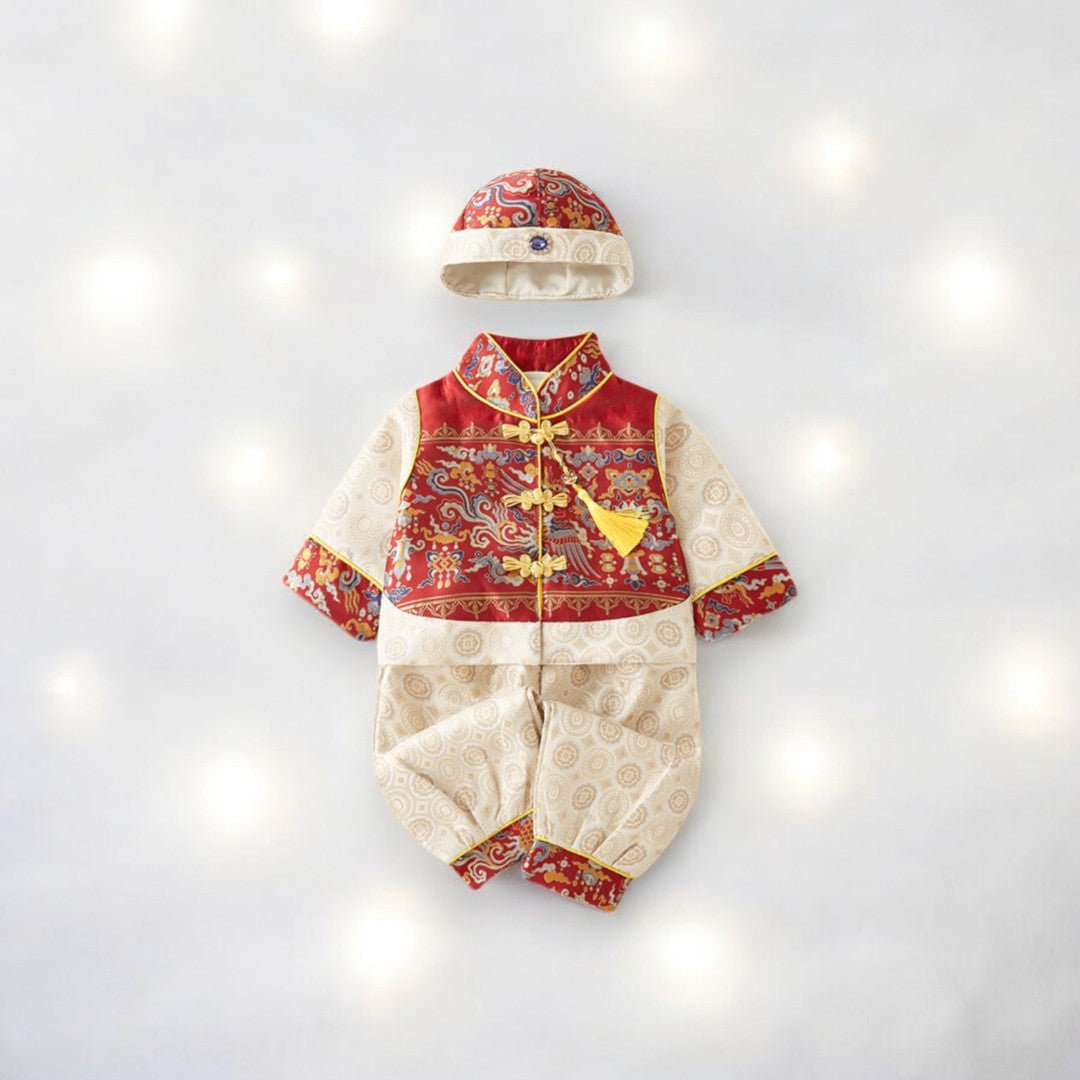 A toddler baby boy traditional Tang suit for Chinese New Year by Ashberryco, holiday baby clothes for festive celebrations and Lunar New Year.