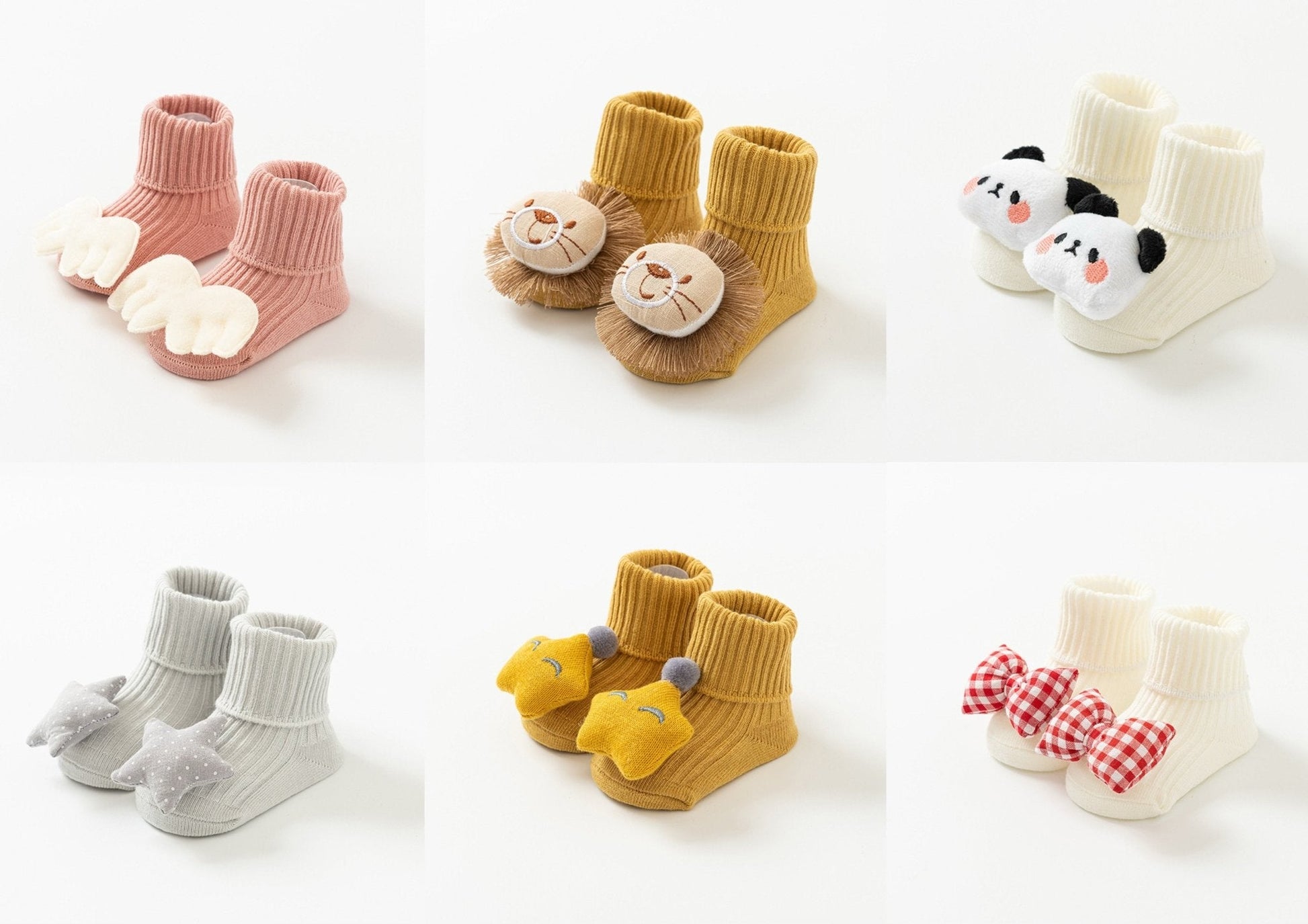 A pack of 6, lovely 3D Cotton Anti-Slip Ankle Socks for baby and toddler girls, featuring a variety of playful colors and cutes designs, made of premium grade cotton fabric and anti-slip grips. Perfect girl's fall autumn and winter socks by Ashberryco!