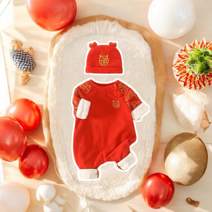 A Red Chinese New Year Baby Romper with gold embroideries by Ashberryco, perfect for baby 100 days, holiday parties, and baby photoshoots!