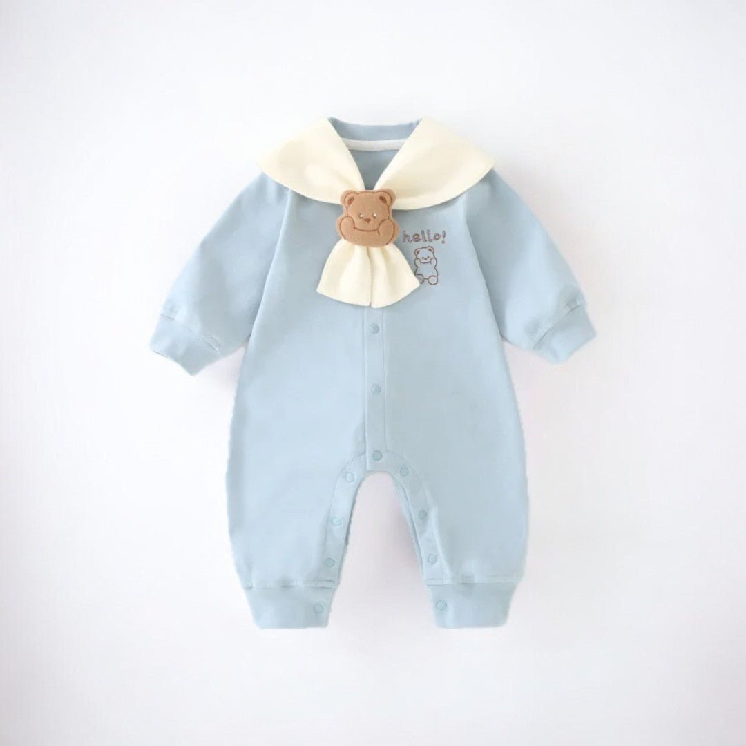 Blue and White Baby Bear Sailor Romper with removable sailor collar by Ashberryco, perfect for 1st birthdays and baby milestone outfits.