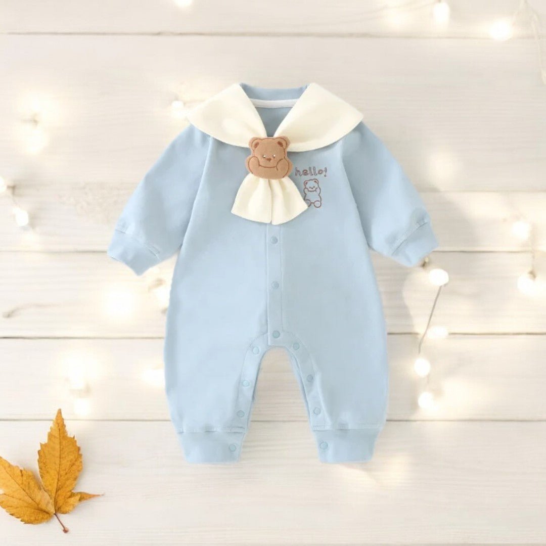 A cute casual fall outfit for baby boys and girls by Ashberryco, featuring nautical sailor collar and cute bear design - a perfect one piece romper to add to your little one's wardrobe!