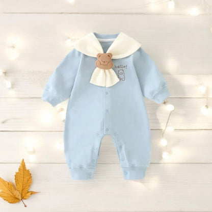 A cute casual fall outfit for baby boys and girls by Ashberryco, featuring nautical sailor collar and cute bear design - a perfect one piece romper to add to your little one's wardrobe!