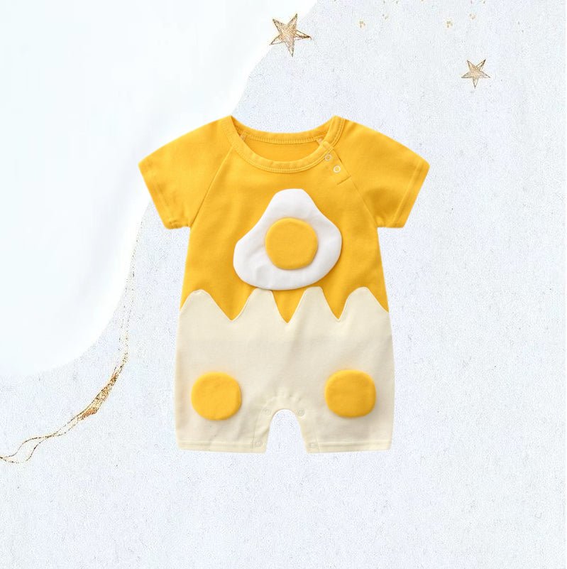 Breakfast Eggs Short Sleeve Baby Romper by Ashberryco, featuring a playful breakfast eggs print, ideal for cute baby everyday wear, Halloween costumes, and adorable baby bodysuit outfits.