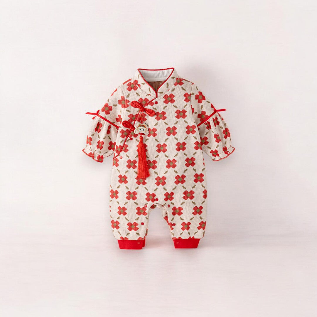 A red checkered long sleeve baby girl one-piece romper by Ashberryco, a cute casual fall and winter outfit​ for your little one. Whether as a 100 day outfit or first birthday party outfit, it will ensure your baby looking stylish while staying cozy! 