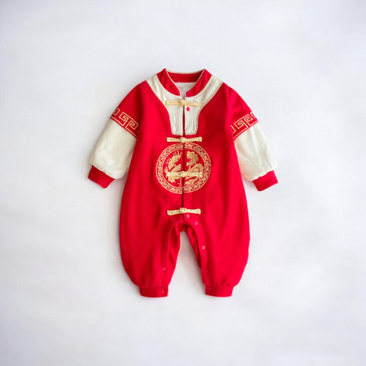 A festive red baby one-piece romper with gold dragon embroidery by Ashberryco. A perfect baby boy party outfit for special occasions like, Chinese New Year, Drawing Lots and first birthdays parties!