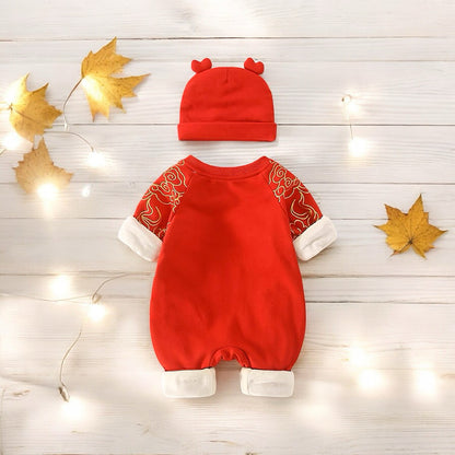 Red Cotton Baby Jumpsuit with Ear Beanie Hat