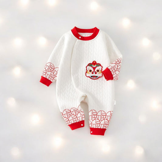 White and Red Dragon Embroidered Baby Jumpsuit