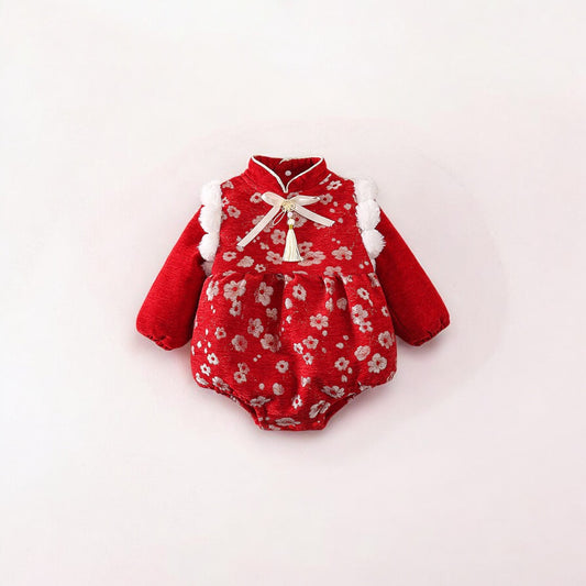 Charming red floral baby Cheongsam romper by Ashberryco, perfect for spring festival and holiday parties.