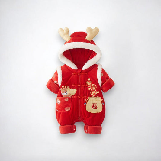 Red hooded baby playsuit with gold dragon ears by Ashberryco, perfect for cultural celebrations like Baby 100 Days, Red Egg and Ginger Party, and Chinese New Year.