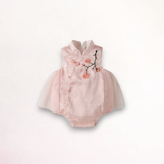 Pink princess baby dress with delicate blossom embroidery by Ashberryco, perfect for baby 100 days, first birthdays, and Chinese New Year celebrations.