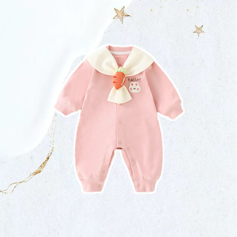 A cute casual baby girl fall outfit to add to your little one's wardrobe! Featuring a pink long sleeve baby girl jumpsuit with sailor collar and cute carrot design by Ashberryco.