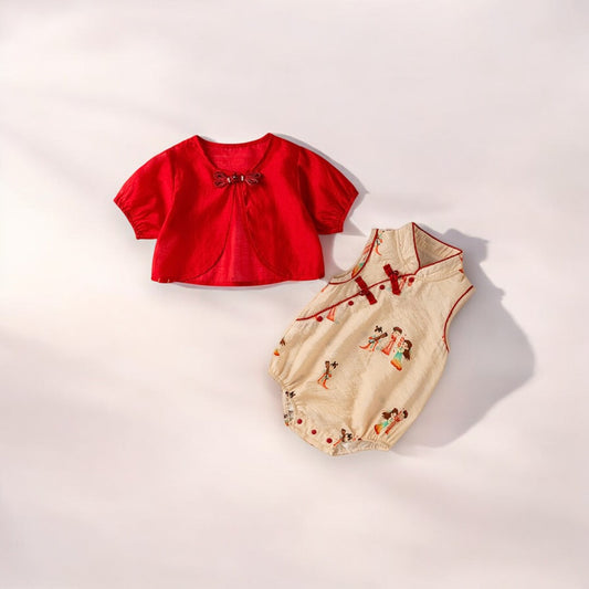 A red two piece Chinese Qipao style baby romper by Ashberryco, a perfect Lunar New Year baby outfit for newborn, baby, infant girls!