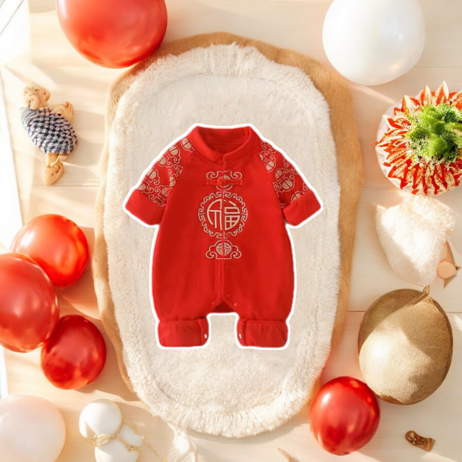 Red and gold Chinese Cheongsam baby jumpsuit by Ashberryco, made of soft, breathable fabric with snap closures for easy dressing.