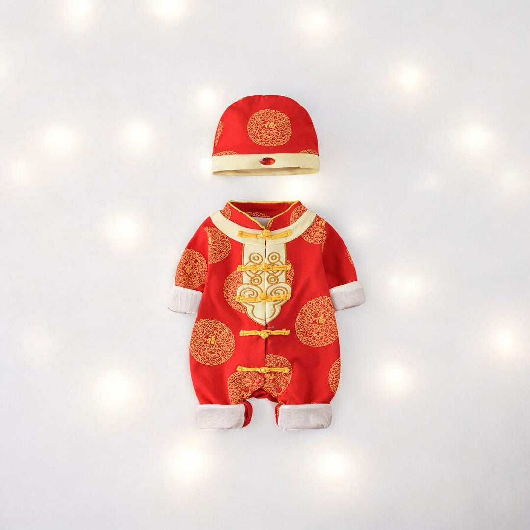 A red and gold traditional Chinese baby outfit by Ashberryco, perfect boys attire for festive Lunar New Year, baby first birthday and holiday time parties.