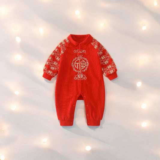 Festive red Chinese baby Cheongsam romper with gold embroideries by Ashberryco, perfect for festive Chinese New Year events and baby 100 days or first birthday celebrations!