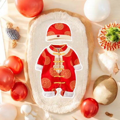 A red and gold traditionalChinese baby Cheongsam New Years outfit by Ashberryco. A perfect festive holiday clothing set with matching Chinese hat for baby 100 Days celebration, Red Egg and Ginger Party, Drawing lots ceremony, and cultural holiday events and parties!