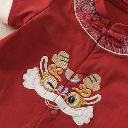 A red tang suit cheongsam style one piece baby boy romper for first birthday party in San Francisco Bay Area, Washington, New Jersey, New York and beyond!