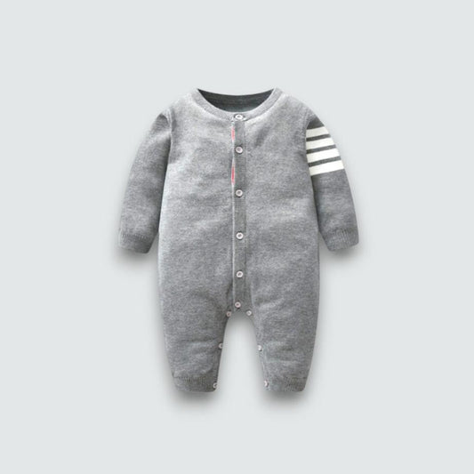 Trendy gray baby sweater romper with white stripes on sleeves from Ashberryco’s Fall/Winter Collection, featuring a soft, cozy design for stylish infants, newborn babies this fall winter season!